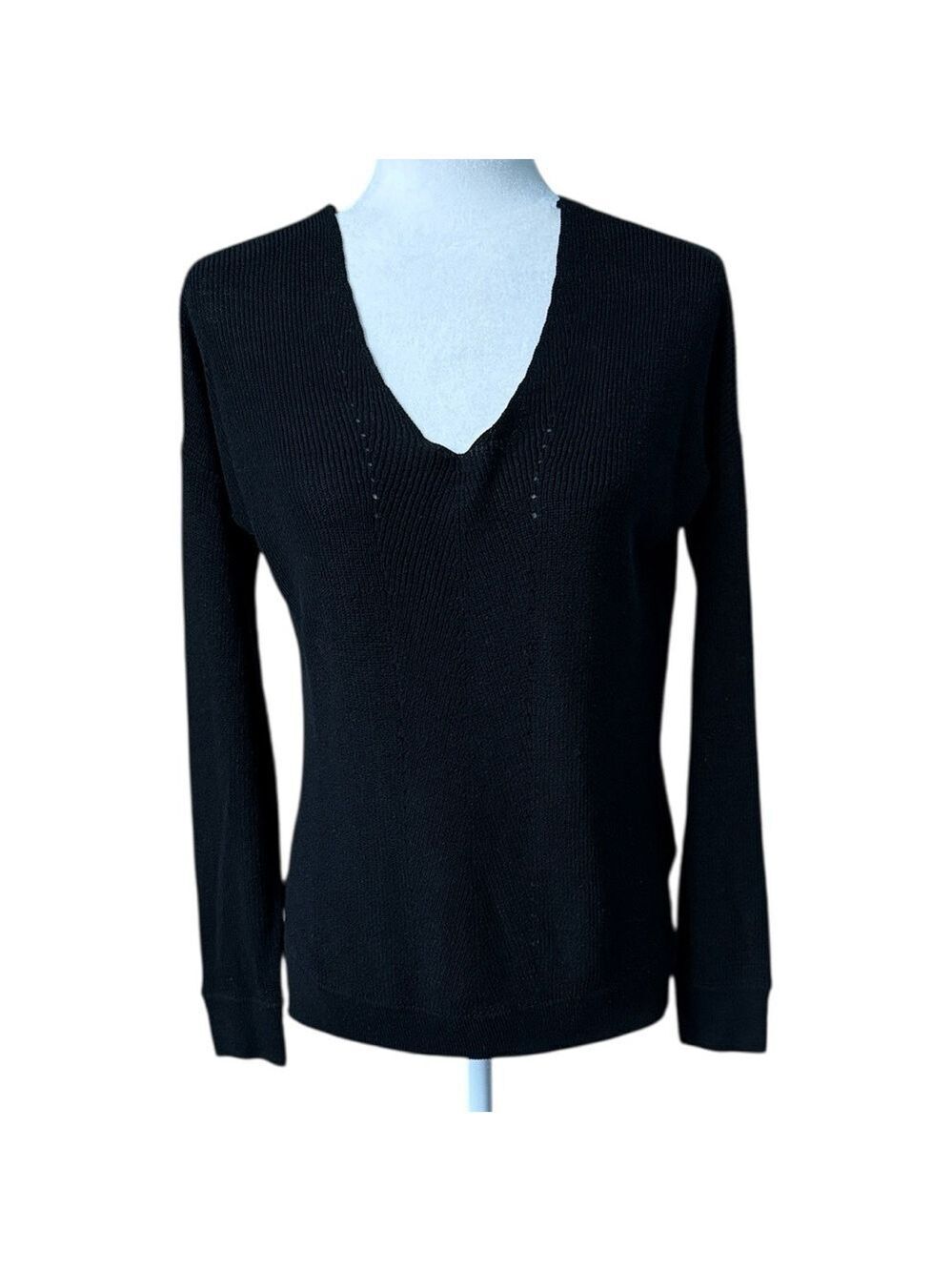 FATE Black Soft Knit Ribbed V-Neck Long-Sleeve Pullover Sweater Top Small